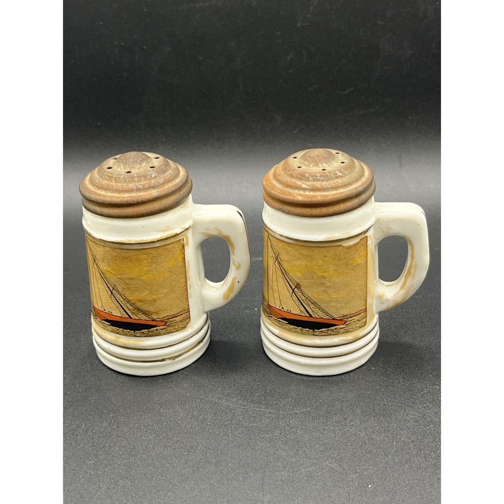 Vtg Sailboat Salt Pepper Shakers with Handles Cleveland, OH Souvenir 2.75"